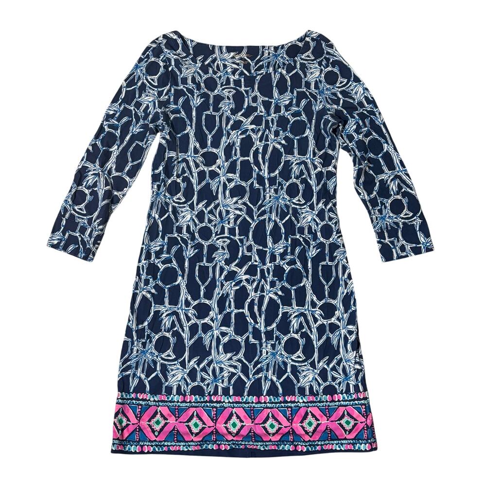 Lilly Pulitzer Bamboo Print Dress Navy Blue‎ White Resort Vacation Keyhole Small